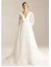 Long Sleeves Ivory Tulle V Back Charming Wedding Dress